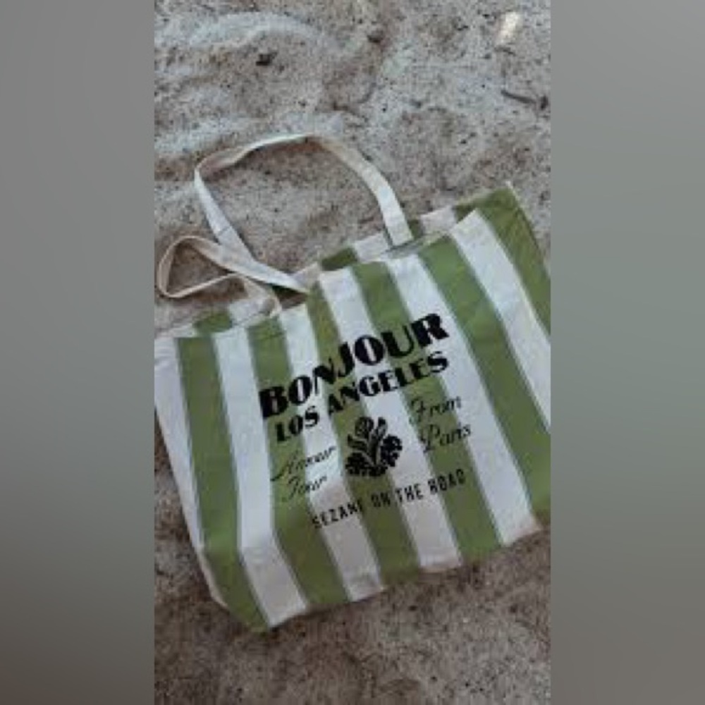 Sézane Bonjour Los Angeles Green Striped Tote Bag - New - Picture 2 of 12